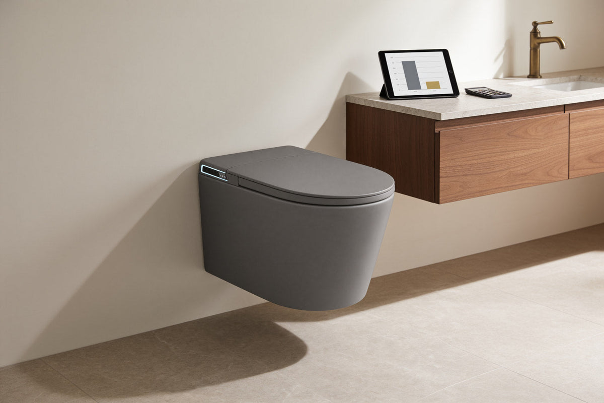 Toilette japonaise suspendue Nōble ONYX gris anthracite près d'une tablette affichant une comparaison de prix