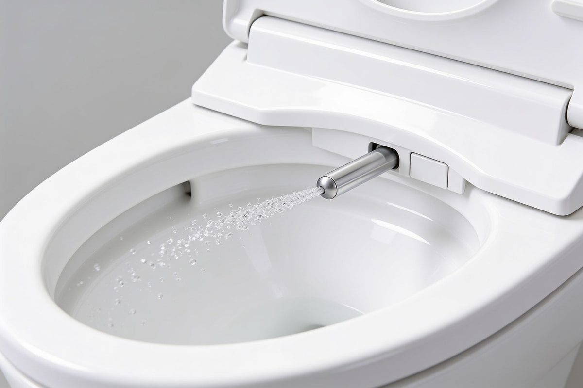 Gros plan sur la buse d'une toilette japonaise projetant un jet d'eau dans la cuvette