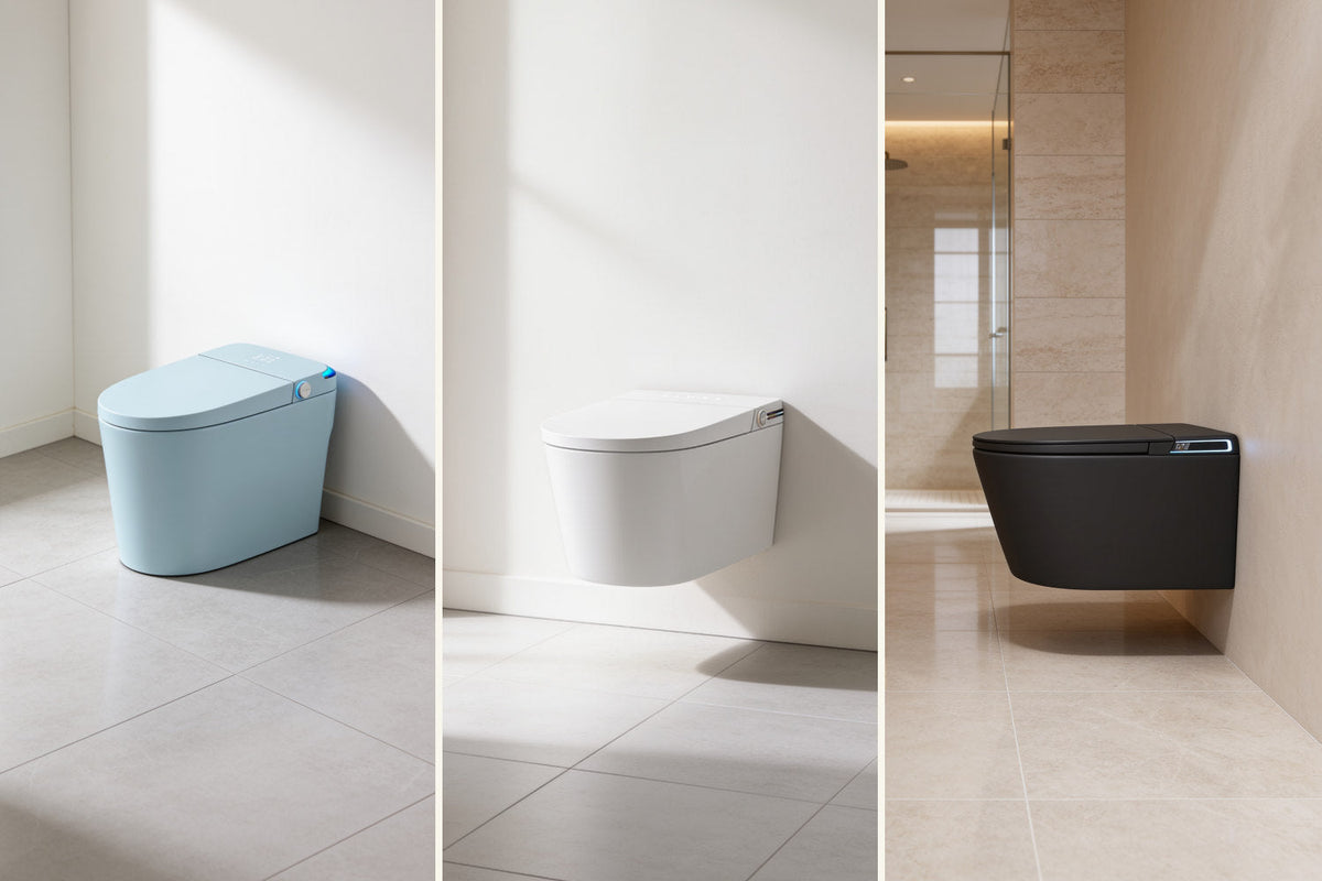 Trois toilettes japonaises Nōble côte à côte : IRIS bleu au sol, ZEN suspendu blanc et ONYX suspendu noir