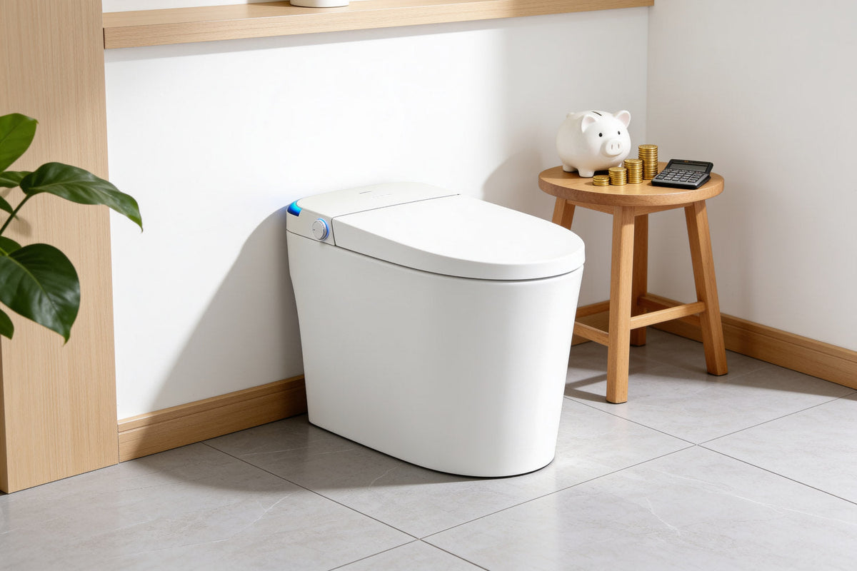 Toilette japonaise au sol Nōble IRIS à côté d'une tirelire, de pièces et d'une calculatrice