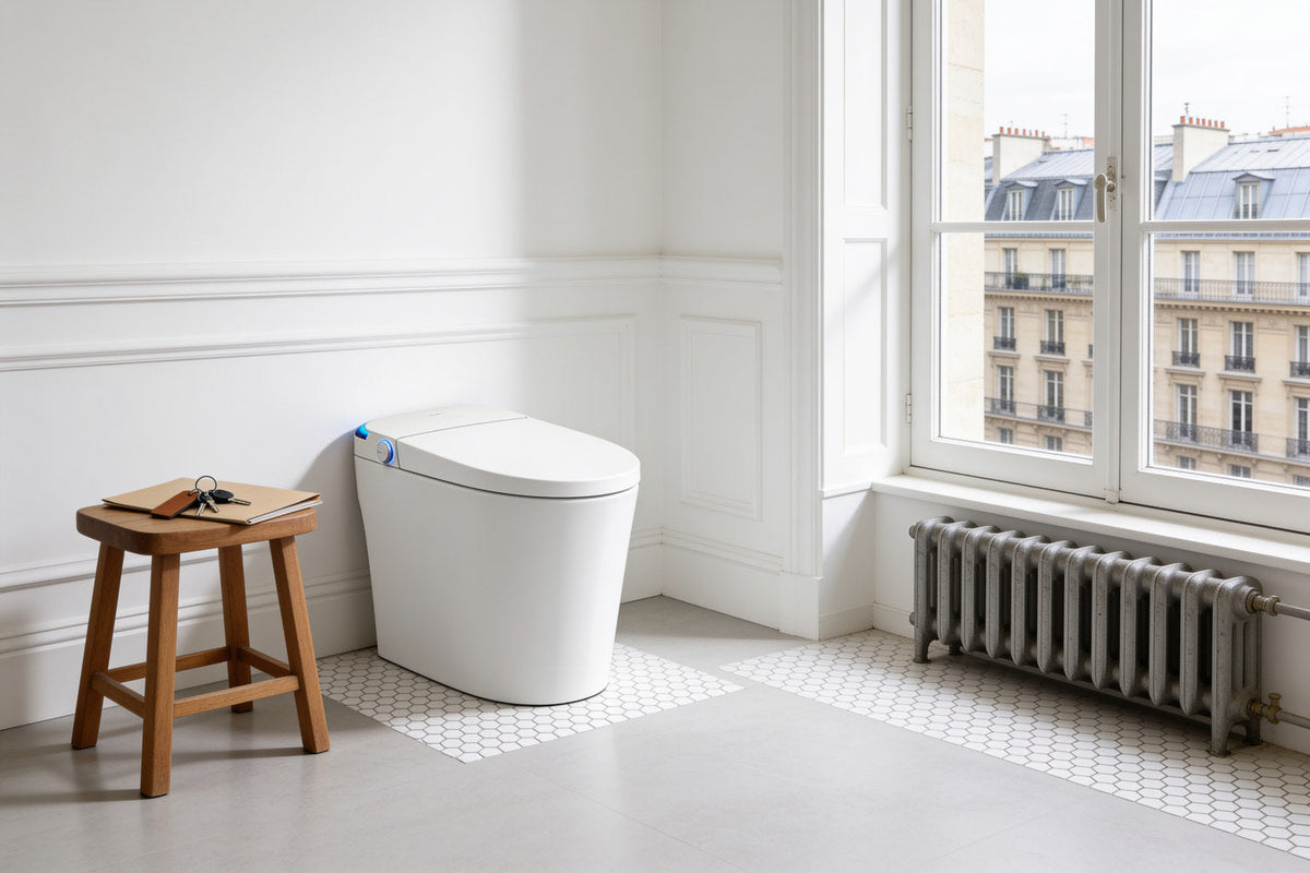 Toilette japonaise au sol Nōble IRIS dans la salle de bain d'un appartement parisien, clés posées sur un tabouret