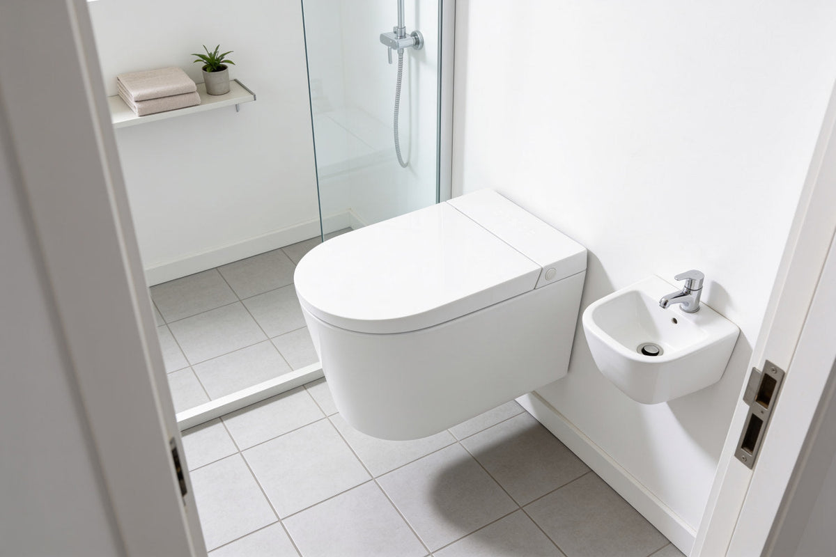 Toilette japonaise suspendue compacte Nōble ZEN dans une petite salle de bain avec lave-mains et douche
