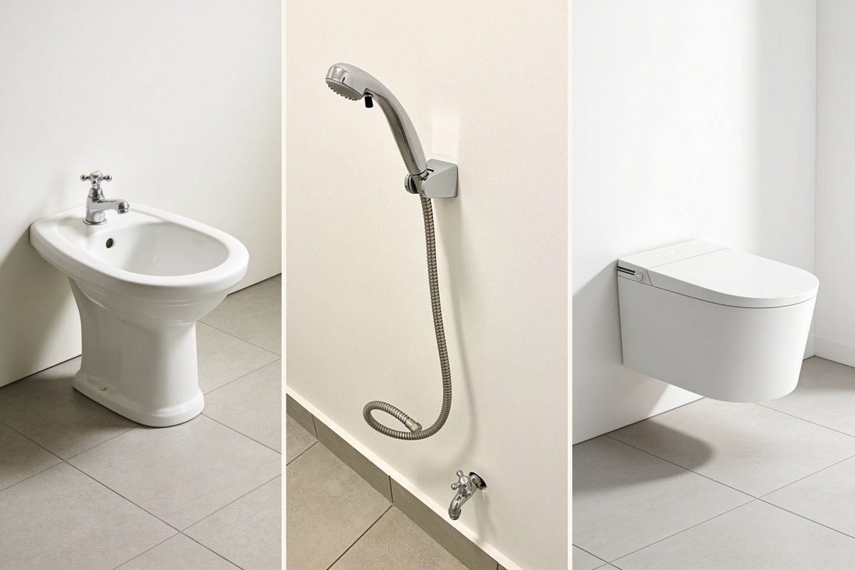 Un bidet, une douchette WC et une toilette japonaise suspendue Nōble ZEN côte à côte