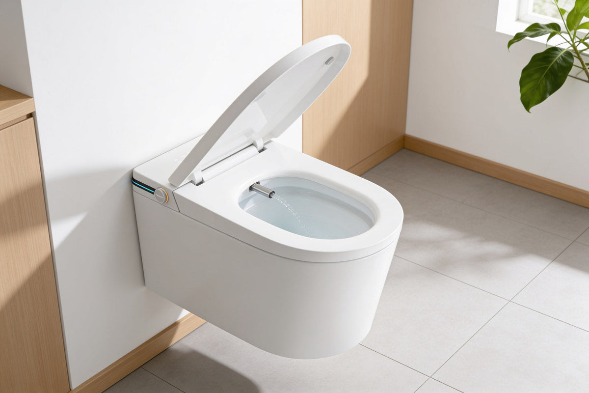 Toilette japonaise suspendue Nōble ZEN, abattant levé, buse de lavage projetant un jet d'eau
