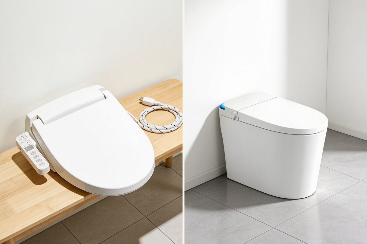 Un abattant japonais seul à côté d'une toilette japonaise complète Nōble IRIS