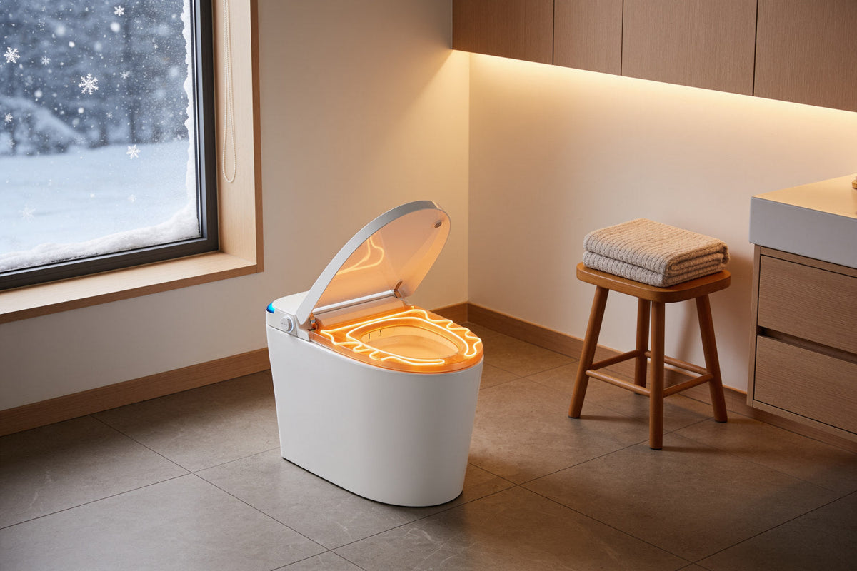 Toilette japonaise Nōble IRIS au siège chauffant allumé, dans une salle de bain en hiver