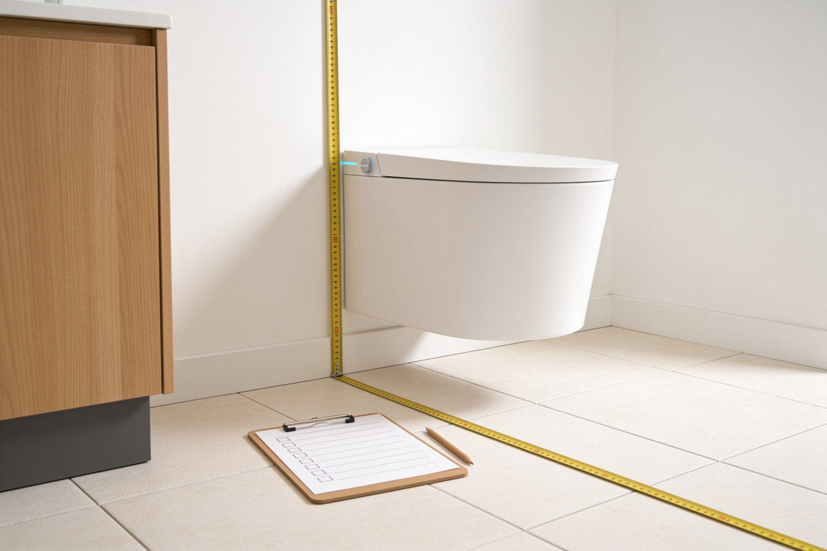 Toilette japonaise suspendue Nōble HALO avec un mètre ruban et une liste de vérifications avant achat