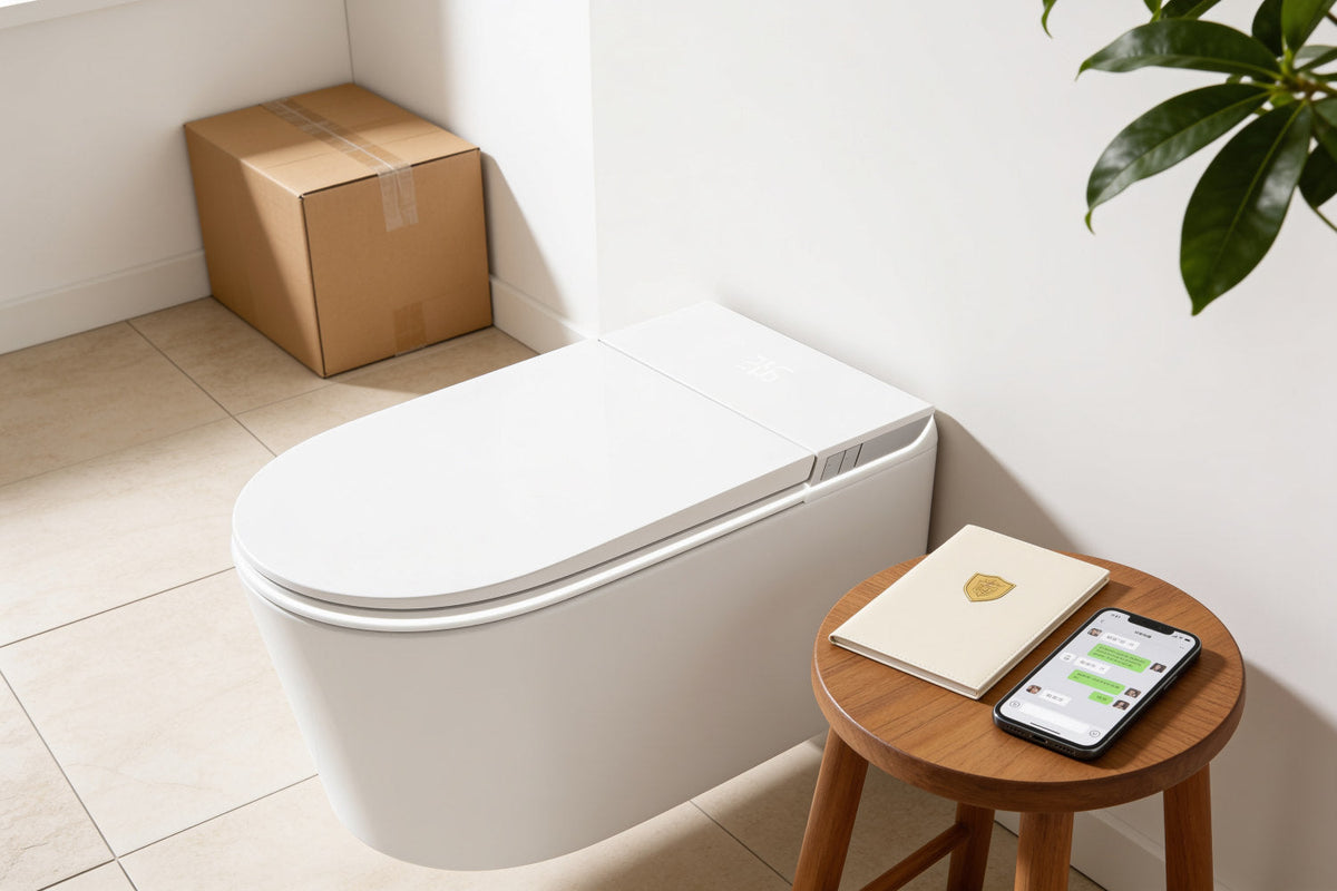 Toilette japonaise suspendue Nōble FLOW avec un livret de garantie, un téléphone et un colis de livraison